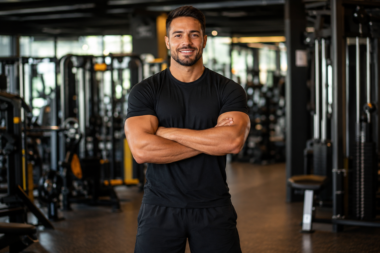 Rafael Duarte, personal trainer, de braços cruzados em ambiente de academia.
